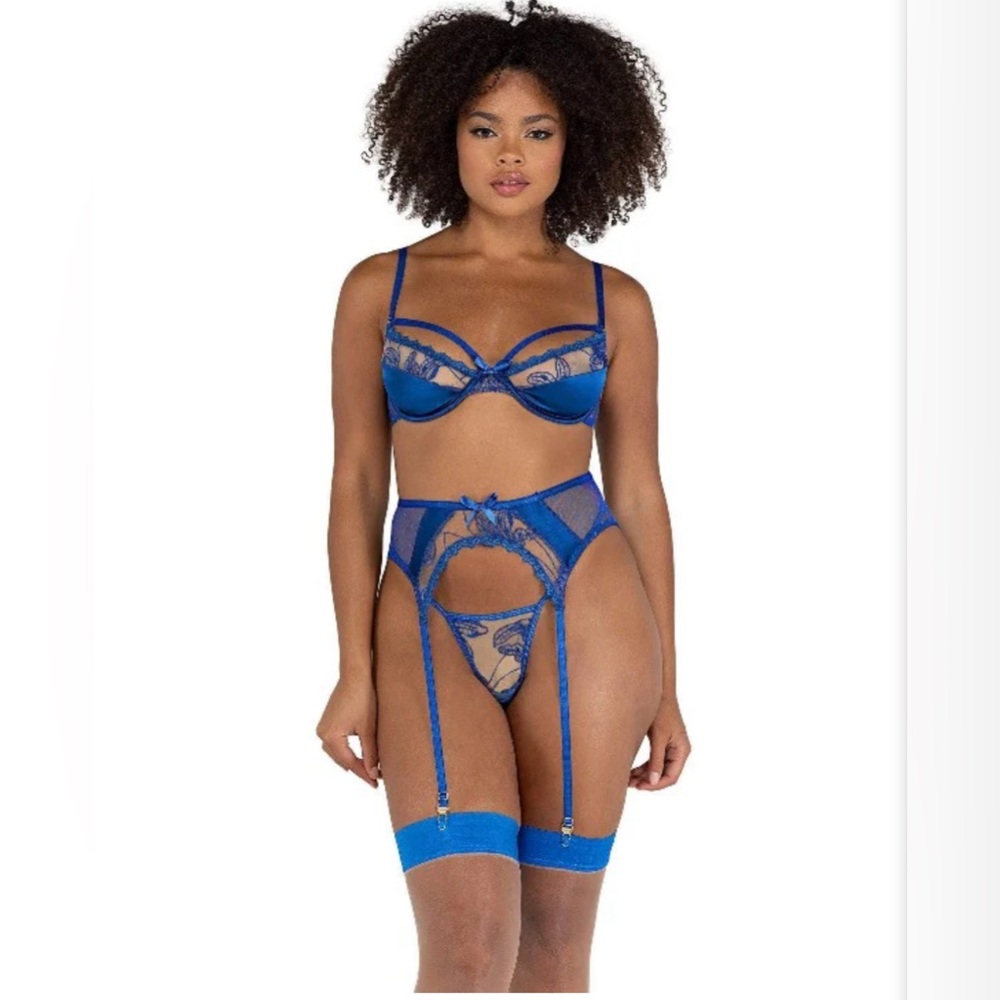 3 Pc. Embroidery & Satin Underwire Bra, G-String Panty, & Garter Lingerie Set